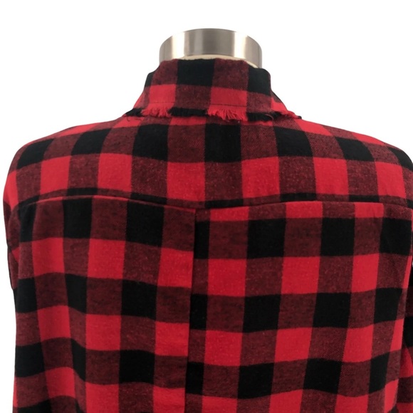 FAVLUX Womens Red & Black Check Button Up Roll Tab Sleeve Fringe Crop - Picture 5 of 13